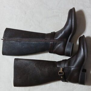 Gillio Buckle Tall Brown Leather Boots Women’s Side 8 Zipper Up